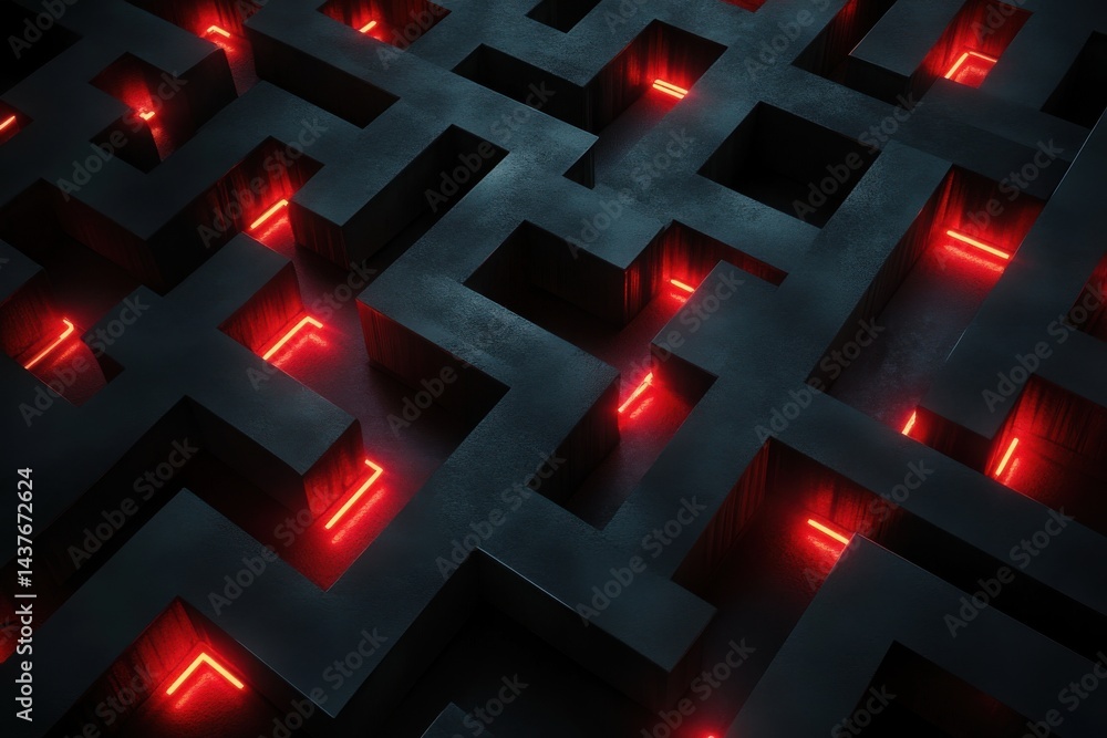 Poster 3d rendering of a dark maze with gray walls, black squares, and red led lights creating a mysterious