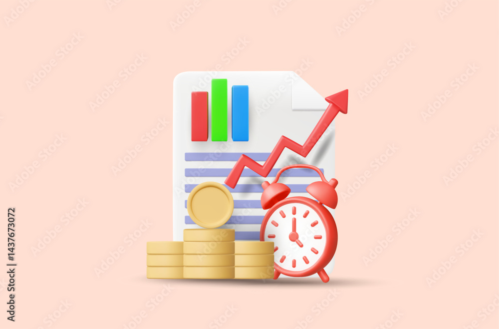 Aufkleber 3d illustration vector render icon. document graph, arrow pointing up, stack of coins, alarm clock i