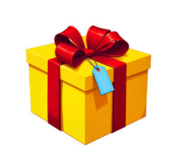 Obraz premium Yellow Gift Box with Red Bow & Blue Tag, transparent background.