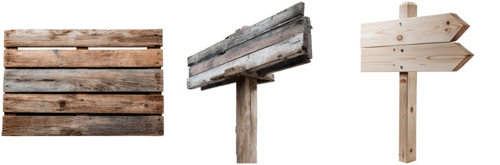 Three isolated wooden structures showcase different textures and styles, including pallets and directional signs, highlighting their rustic charm and versatility