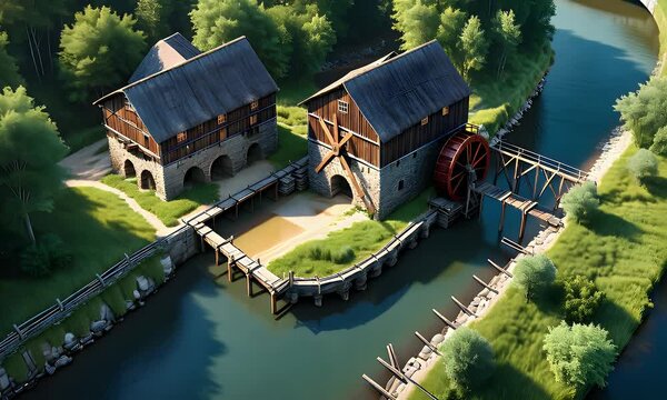 Rustic watermills and houses by peaceful river
