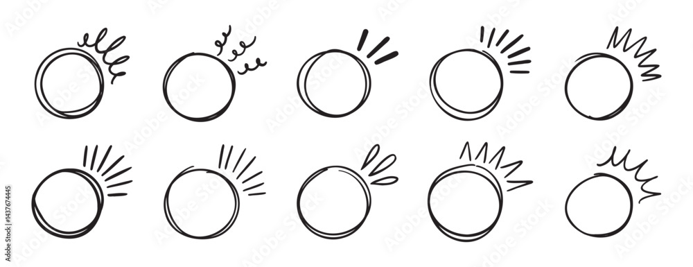 Poster circle brackets doodle line for quotation set. sparkle ray elements. hand drawn round frame for titl