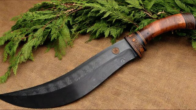 Elaborate custom damascus steel hunting knife with burl wood handle resting on burlap with evergreen boughs, sharp blade, decorative engraving