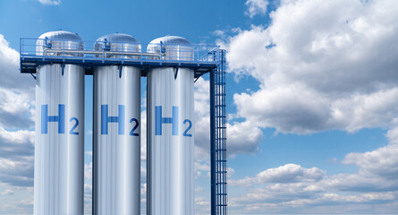 Green hydrogen storage on a background of blue sky.