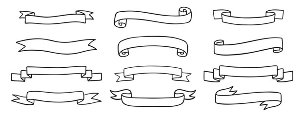 ribbons template for text doodle hand drawn icon set. Outline drawing medieval ribbons template line clipart symbol collection