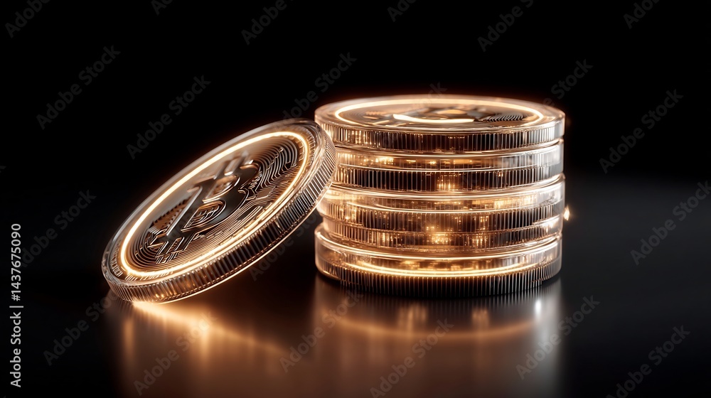 Poster stack of illuminated bitcoins reflecting on a dark background showcasing digital currency