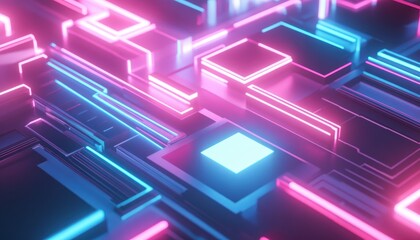 Futuristic circuit board with vibrant neon lights.  Intricate network of glowing lines and boxes. Abstract geometric design.  Dynamic and colorful