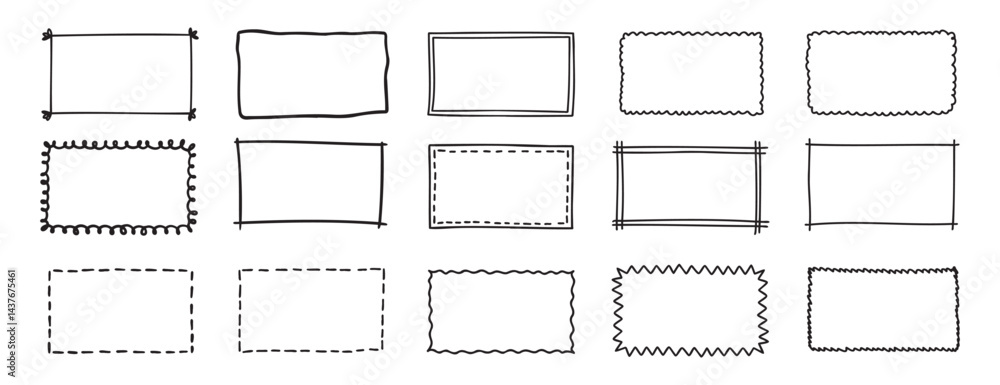 Poster doodle hand drawn rectangle frames set. rectangle shape. scribble pencil square empty text box. line