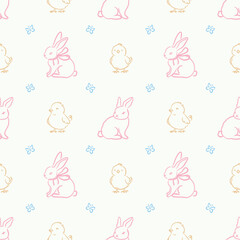 Seamless pattern with hand-drawn outline drawings of rabbits, chicks, and butterflies on a light background. Easter celebration and spring holidays. Design for textile, wallpaper, wrapping paper