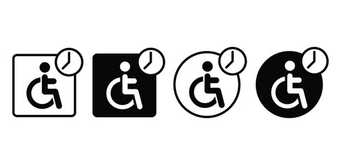 Waiting Room Accessibility Icons Black and White Square and Circle Wheelchair Symbols with Clock Vector Design