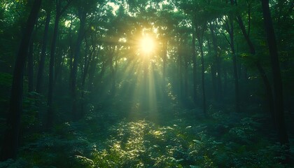 Obraz premium Sunbeams pierce misty forest, illuminating path