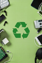 Vertical view of diverse electronic waste (e-waste) including phone, keyboard, headphones, and...