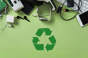 Top view of assorted electronic waste (e-waste) like phones, keyboards, and chargers surrounding a...