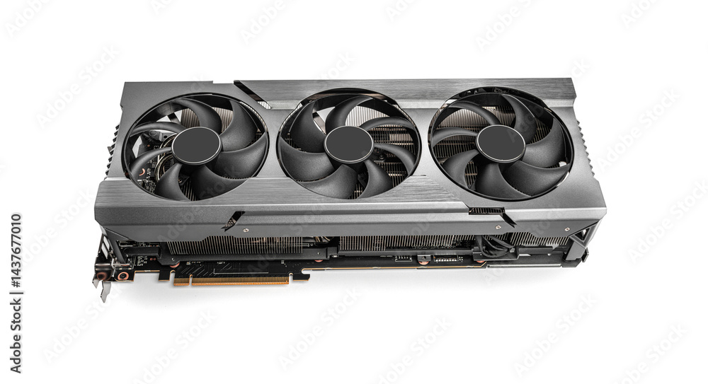 Poster a high-end graphics card featuring a triple-fan cooling system and a robust heatsink design for opti