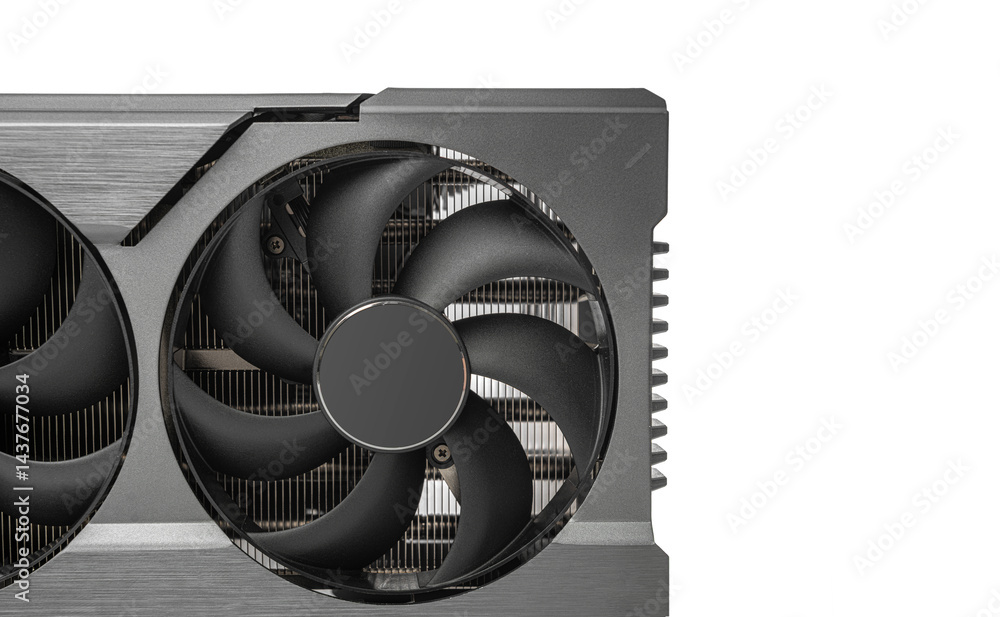 Poster a close-up view of a high-end graphics card fan showcasing its robust cooling design and detailed th