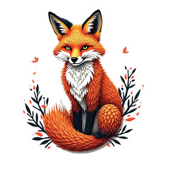 Obraz premium A stunning and highly detailed illustration of a majestic red fox, sitting gracefully with a fluffy, vibrant orange tail curled around its body. The fox’s fur is intricately textured with layered