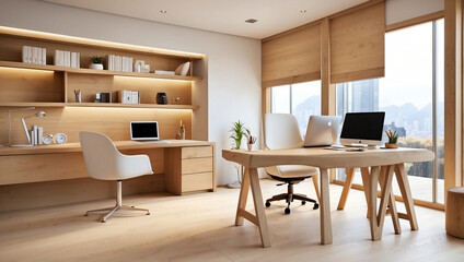 Stylish Light Wood Office with Simple Design Elements for a Modern Workspace