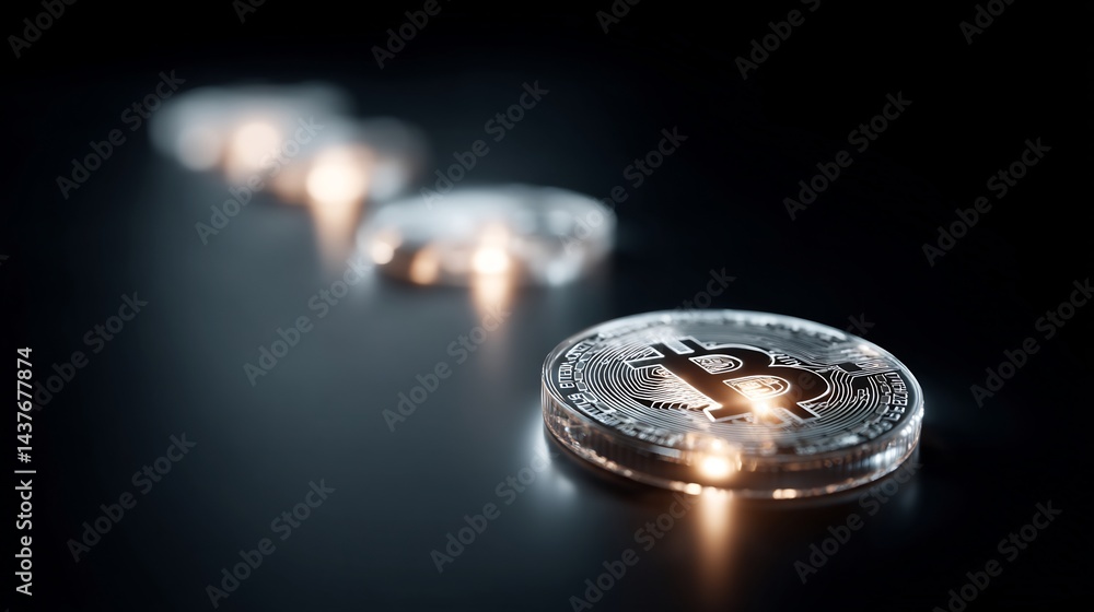 Poster sleek bitcoin coins lined up on a dark background with subtle highlights