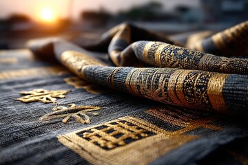 Intricate Kente textile featuring traditional Adinkra motifs in gold, captured in dramatic close-up against dreamy sunset backdrop, embodying the spirit of Pan-African heritage and freedom.