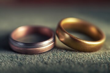 Shimmering golden wedding bands on muted grey surface with dreamy bokeh lighting