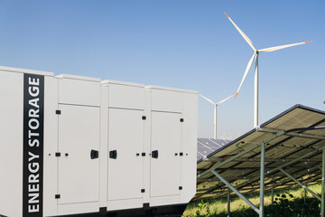 Solar panel and wind turbines with energy storage