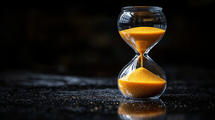 Hourglass with amber sand flowing, dark background.