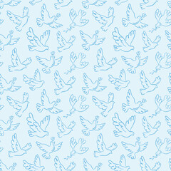  Seamless pattern with whimsical flying doves. Hand-drawn linear bird ornament on blue background. Vector playful design for wallpaper, textile, wrapping paper, banner