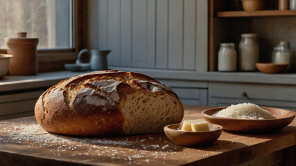 A loaf of artisan sourdough bread sits on a cooling rack, with its crust perfectly golden and cracked. The setting includes a sprinkling of flour on a wooden countertop, emphasizing the homemade vibe