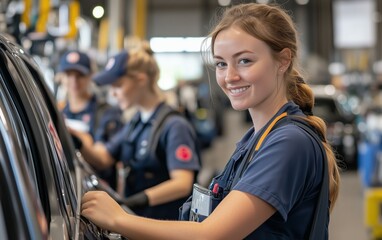 Female Automotive Workers in a Modern Manufacturing Facility