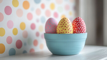 Decorated Easter eggs in a light blue bowl on a white shelf, with a pastel polka dot background.