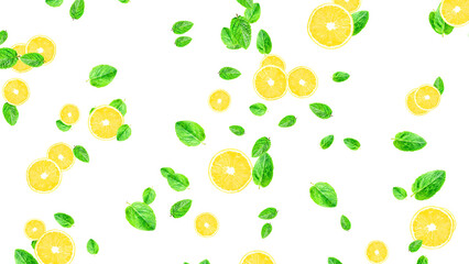 lemon slice and mint leaf falling isolated on transparent background ,png lemonade cold fresh summer drink and cosmetics social media design element