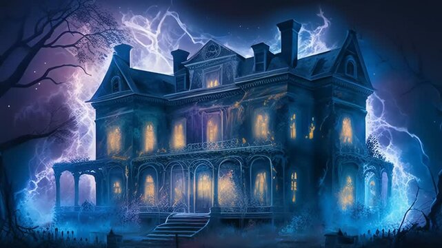 Spooky Haunted Mansion Illuminated by Lightning with Eerie Atmosphere and Dark Surroundings