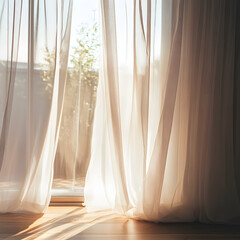 The curtains are white and are open, letting in the sunlight