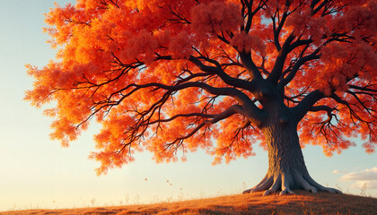 Autumn tree with orange foliage against a clear sky, serene nature scene with copy space