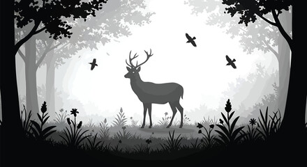 Wild Deer and Birds in Forest Clearing - Vector Illustration