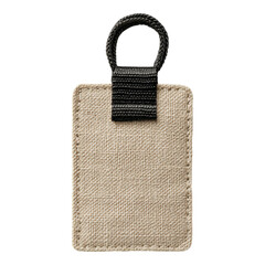 Rectangular burlap tag with a looped fabric strap at the top.