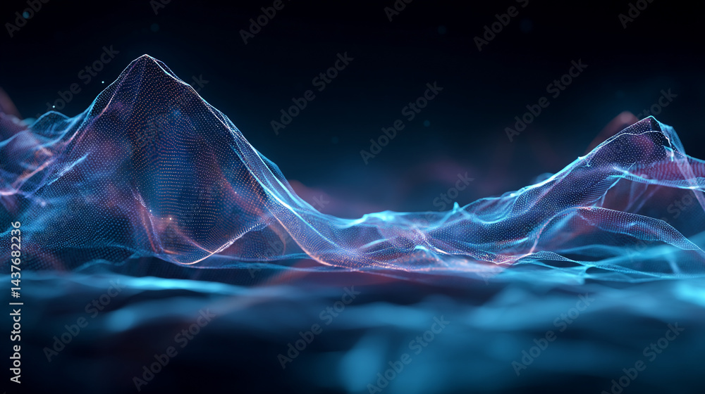 Aufkleber abstract blue waves with glowing particles against dark background texture, abstract picture of neon