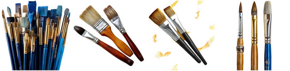 An assortment of paintbrushes in different sizes and shapes lies arranged, highlighting their various uses. Perfect for artists preparing to create vibrant artwork