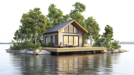 Obraz premium serene vacation home surrounded by water and greenery, perfect for relaxation