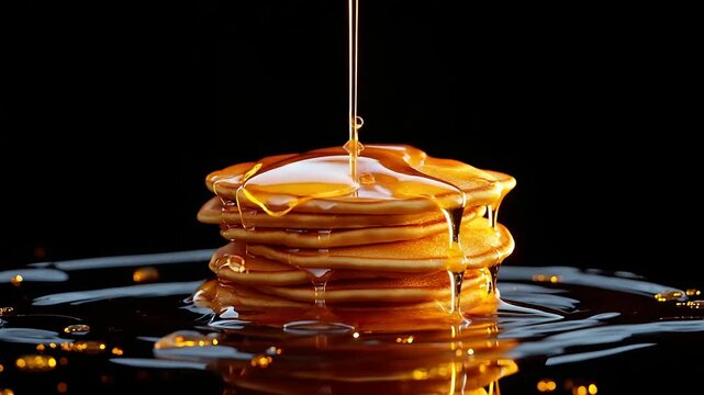 Stack of golden pancakes dripping with syrup against a black background, showcasing a delicious breakfast