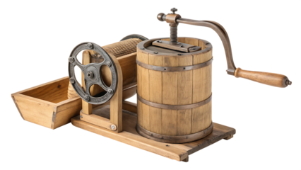 Antique wooden butter churn with crank mechanism png ai