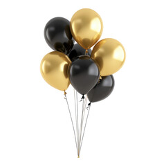A cluster of shiny black and gold balloons tied together with strings.