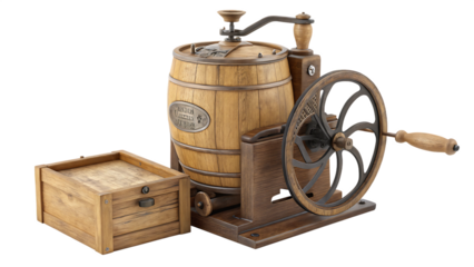 Antique wooden barrel coffee grinder png ai