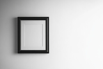 Black picture frame hanging on white wall, showing copy space for your design