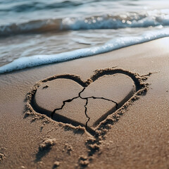 A heart is broken in half on the beach