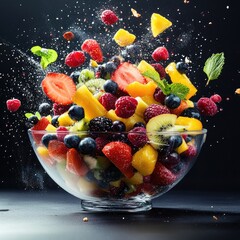 Fresh mixed berry fruit salad in a white bowl, a healthy and delicious sweet breakfast or dessert