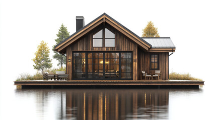 Fototapeta premium modern wooden vacation home with large windows reflecting in water, surrounded by trees