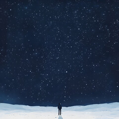 Fototapeta premium A person stands in the snow looking up at the stars