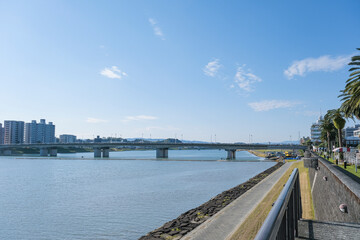 大淀川の河岸から見る宮崎の市街地