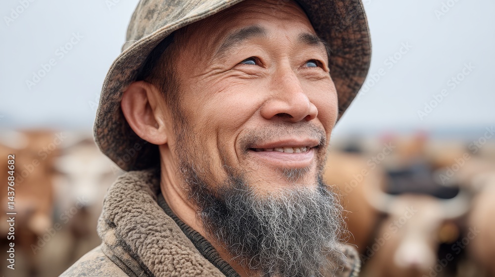 Poster man with a beard and a hat is smiling at the camera. he is surrounded by cows